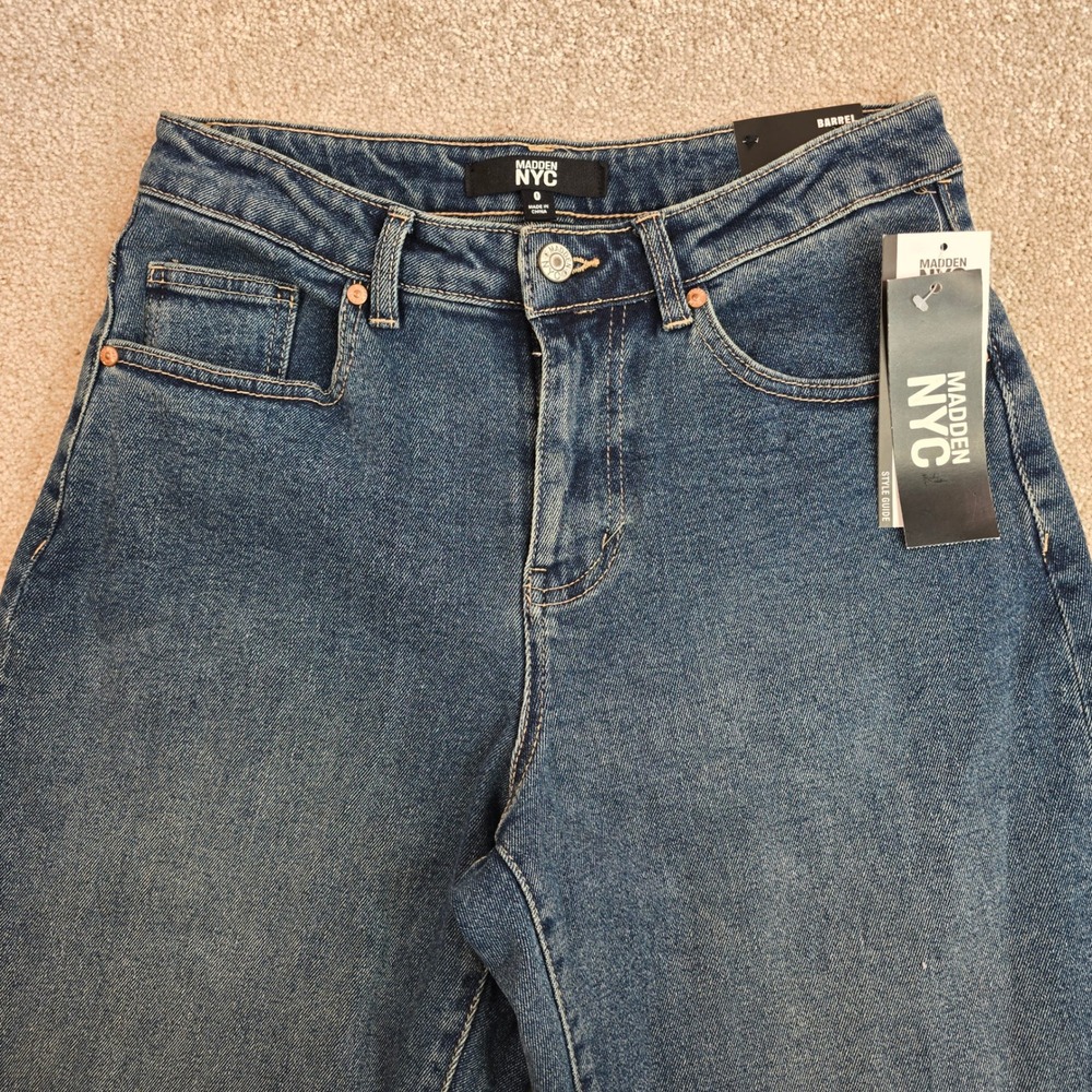 Madden NYC Womens High Rise Barrel Jeans Blue Size 0 WMGBA17N1 NWT